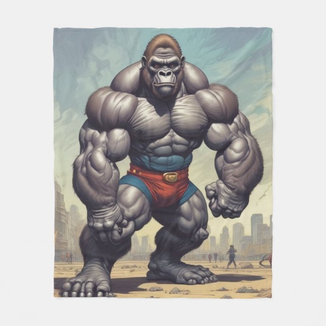 Gorilla Bodybuilder Pop Art Cartoon Drawing Fleece Blanket (Front)