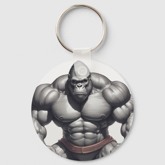Gorilla Bodybuilder Pop Art Cartoon Drawing Keychain (Front)