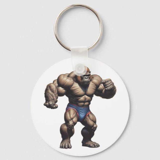 Gorilla Bodybuilder Pop Art Cartoon Drawing Keychain (Front)