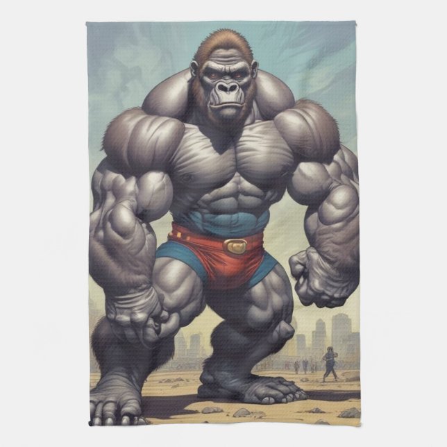 Gorilla Bodybuilder Pop Art Cartoon Drawing Kitchen Towel (Vertical)