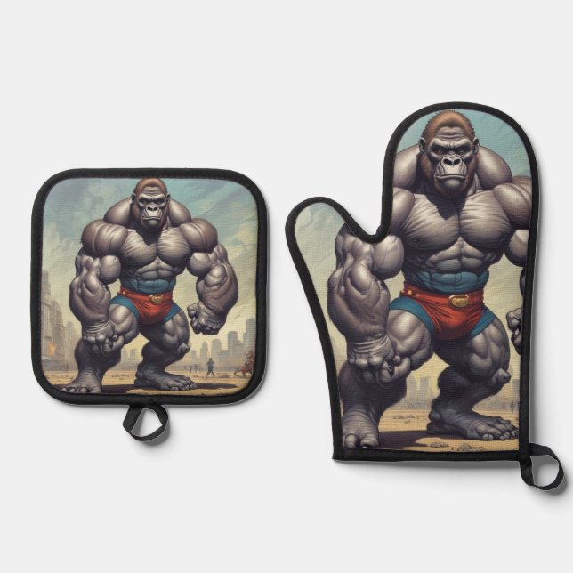 Gorilla Bodybuilder Pop Art Cartoon Drawing Oven Mitt & Pot Holder Set (Front)
