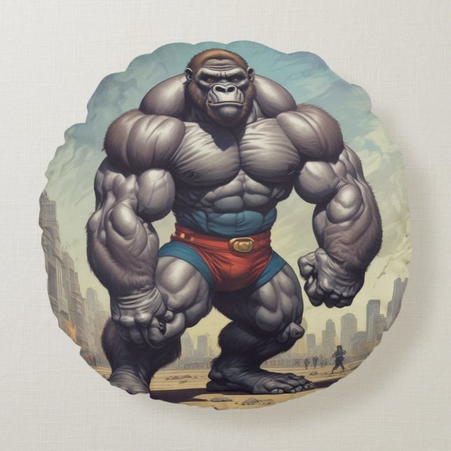 Gorilla Bodybuilder Pop Art Cartoon Drawing Round Pillow (Front)
