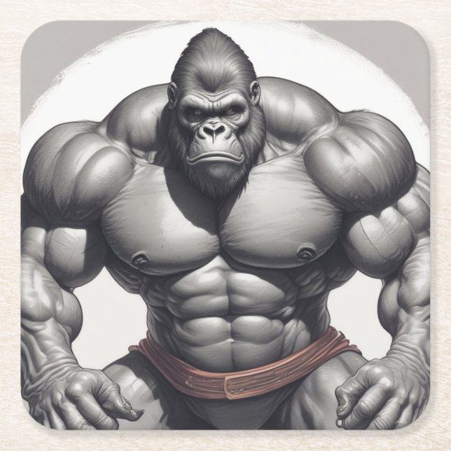 Gorilla Bodybuilder Pop Art Cartoon Drawing Square Paper Coaster (Front)