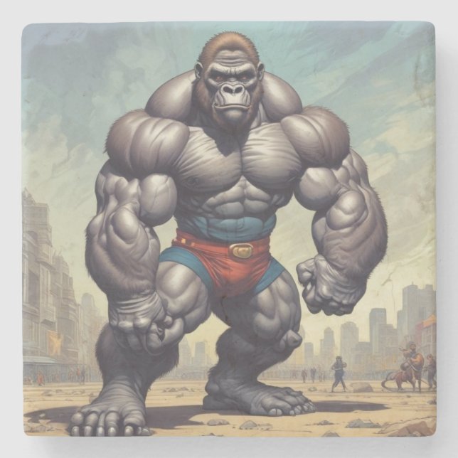 Gorilla Bodybuilder Pop Art Cartoon Drawing Stone Coaster (Front)