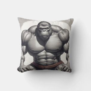 Gorilla Bodybuilder Pop Art Cartoon Drawing Throw Pillow