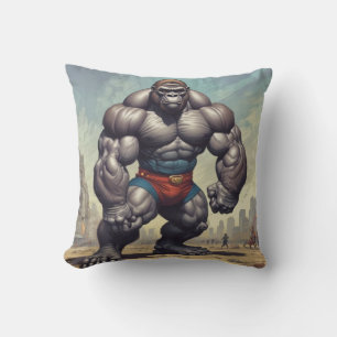Gorilla Bodybuilder Pop Art Cartoon Drawing Throw Pillow