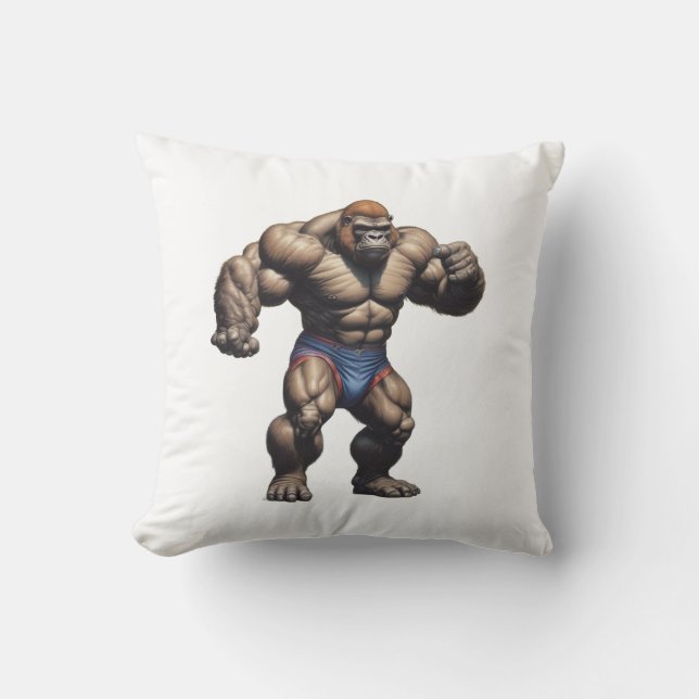 Gorilla Bodybuilder Pop Art Cartoon Drawing Throw Pillow (Front)
