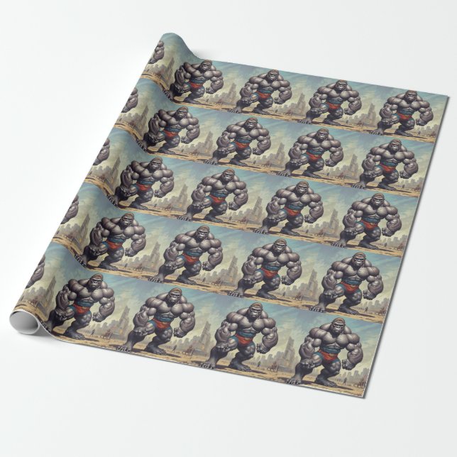 Gorilla Bodybuilder Pop Art Cartoon Drawing Wrapping Paper (Unrolled)