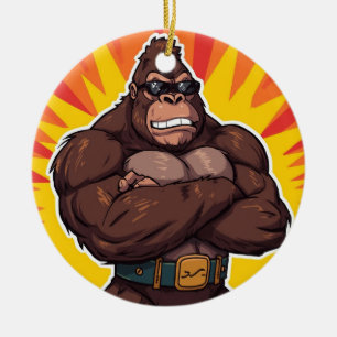 Gorilla Bodybuilder Weight Lifter Pop Art Cartoon Ceramic Ornament
