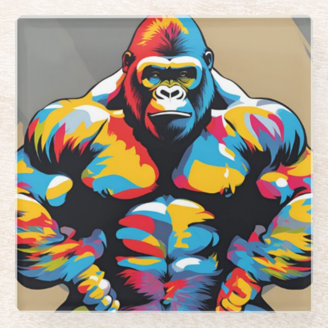 Gorilla Bodybuilder Weight Lifter Pop Art Cartoon Glass Coaster (Front)