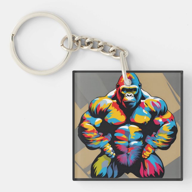 Gorilla Bodybuilder Weight Lifter Pop Art Cartoon Keychain (Front)