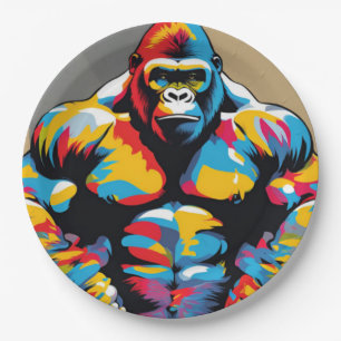 Gorilla Bodybuilder Weight Lifter Pop Art Cartoon Paper Plate
