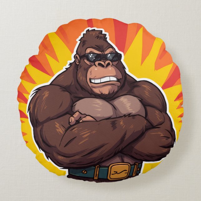 Gorilla Bodybuilder Weight Lifter Pop Art Cartoon Round Pillow (Front)