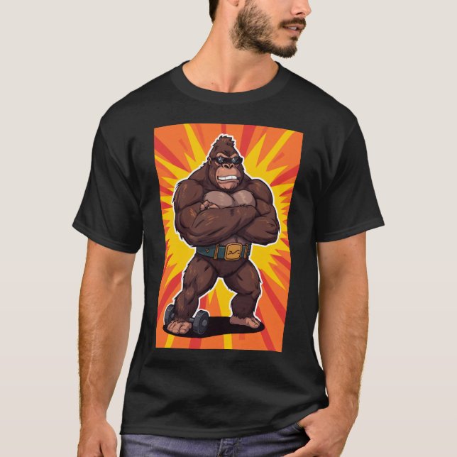 Gorilla Bodybuilder Weight Lifter Pop Art Cartoon T-Shirt (Front)