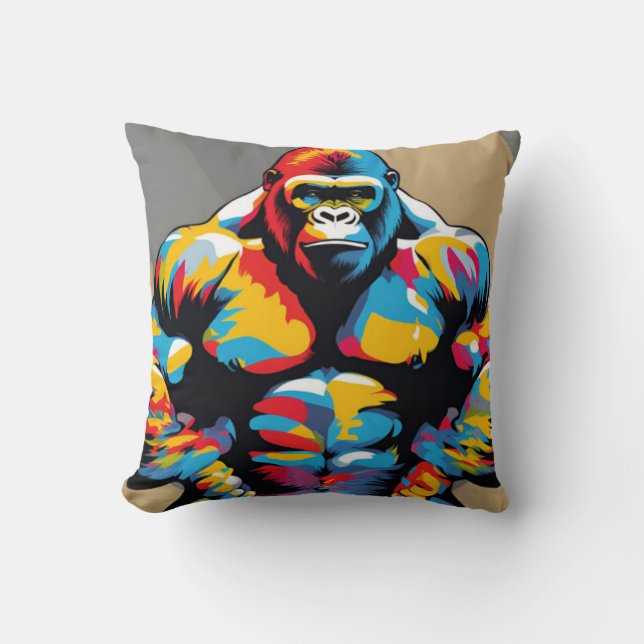 Gorilla Bodybuilder Weight Lifter Pop Art Cartoon Throw Pillow (Front)