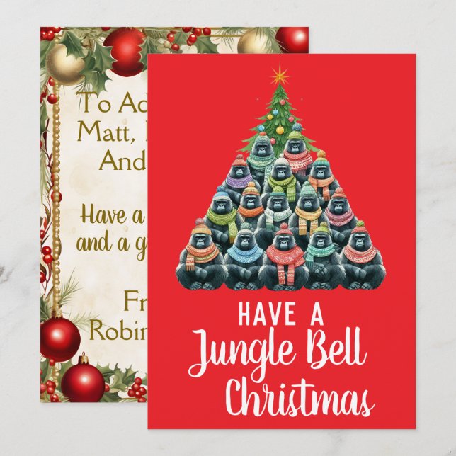 Gorilla Christmas Tree Jungle Bell Holiday Card (Front/Back)