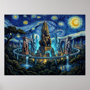 Gorilla City Starry Night Comic Landscape Poster