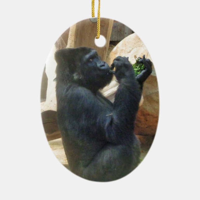 Gorilla eating his lunch, Animal, Wildlife, Ape Ceramic Ornament (Back)