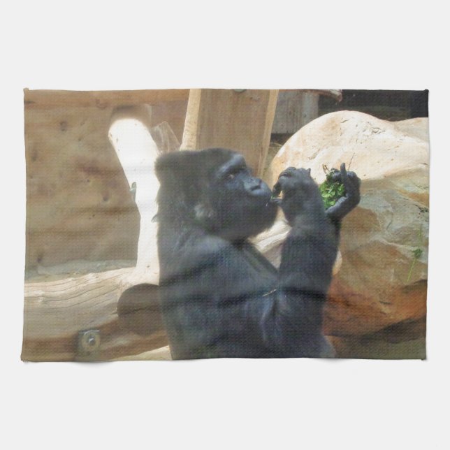 Gorilla eating his lunch, Animal, Wildlife, Ape Kitchen Towel (Horizontal)