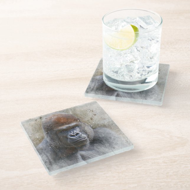 Gorilla Face Jungle Animal Watercolor Glass Coaster (Angled)
