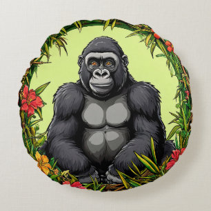 Gorilla in a Tropical Bamboo Frame Round Pillow