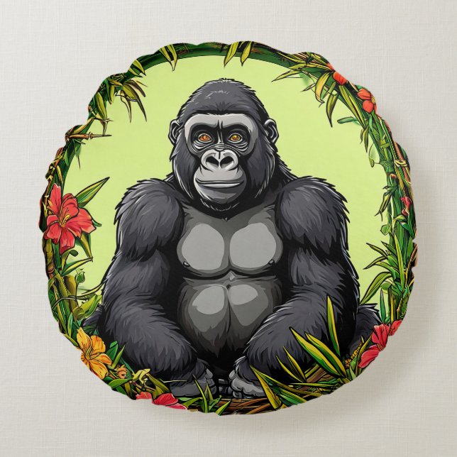 Gorilla in a Tropical Bamboo Frame Round Pillow (Front)