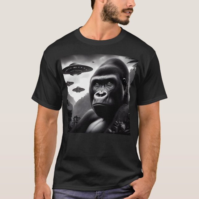 Gorilla Monkey Funny Graphic Selfie with UFOs Weir T-Shirt (Front)