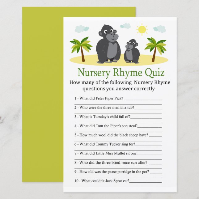 Gorilla Nursery Rhyme Quiz baby shower game (Front/Back)
