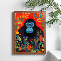 Gorilla Painting Colourful Flowers Leaves Poster