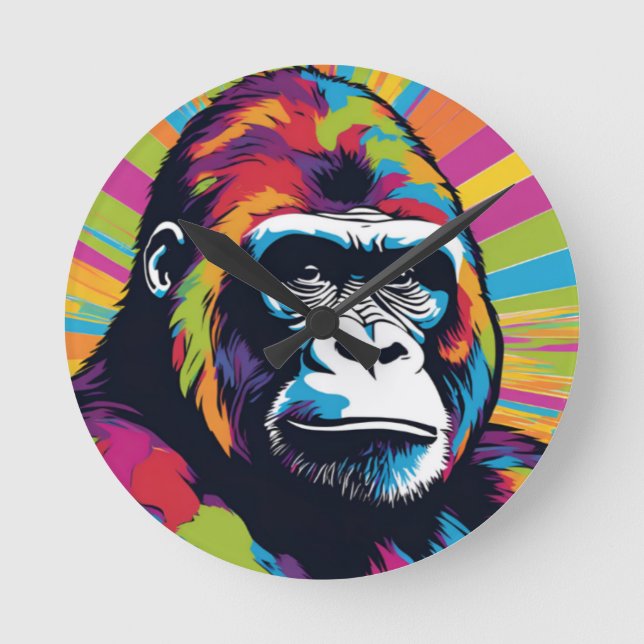 Gorilla Pop Art Cartoon Drawing Round Clock (Front)