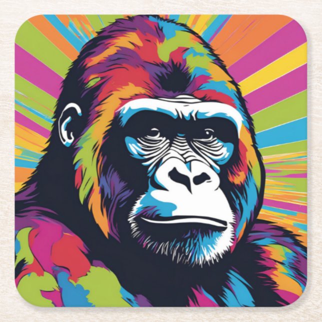 Gorilla Pop Art Cartoon Drawing Square Paper Coaster (Front)