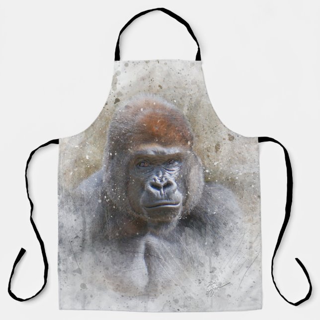 Gorilla Portrait Watercolor Wildlife Photography Apron (Front)