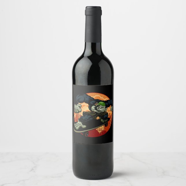 Gorilla riding on skateboard, Gorilla Monkey Ape S Wine Label (Front)