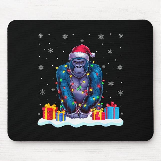 Gorilla Santa Hat Christmas Tree Light Xmas Pajama Mouse Pad (Front)