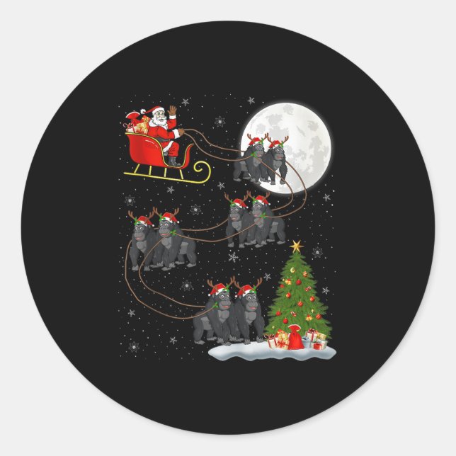 Gorilla Santa Sleigh Flying Funny Magical Christma Classic Round Sticker (Front)