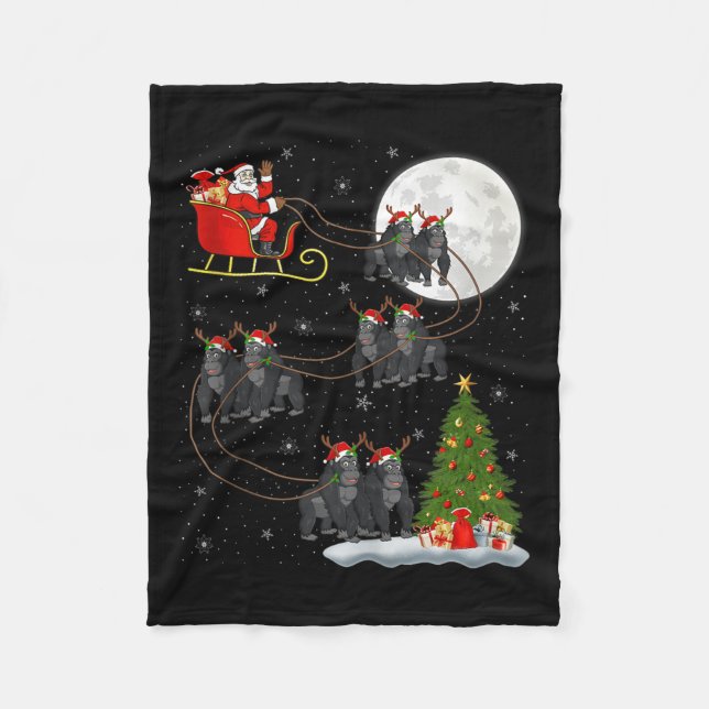 Gorilla Santa Sleigh Flying Funny Magical Christma Fleece Blanket (Front)