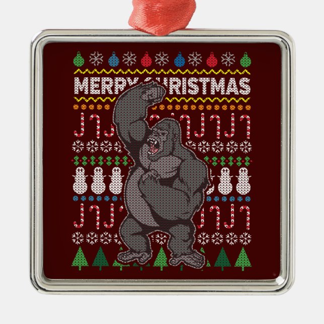 Gorilla Ugly Christmas Sweater Wildlife Series Metal Ornament (Front)