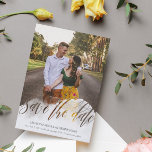 Gossamer Overlay Double Sided Photo Save the Date<br><div class="desc">Beautiful and unique save the date card with a gossamer overlay with save the date cut out so that your photo peaks through in a pretty swirly script. Add another photo to the back along with the details of your wedding.</div>