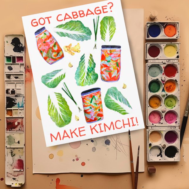Got Cabbage? Make Kimchi Fun Spicy Watercolor Postcard (Cute watercolor kimchi artwork on this funny custom postcard)