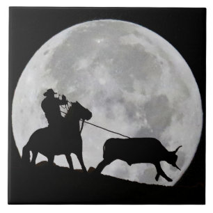 "Gotcha" Cowboy and Horse Steer Roping Full Moon Tile