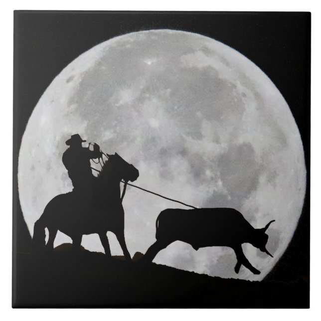 "Gotcha" Cowboy and Horse Steer Roping Full Moon Tile (Front)