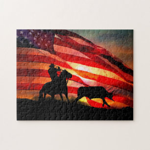 Gotcha Cowboy and Steer with American Flag Jigsaw Puzzle