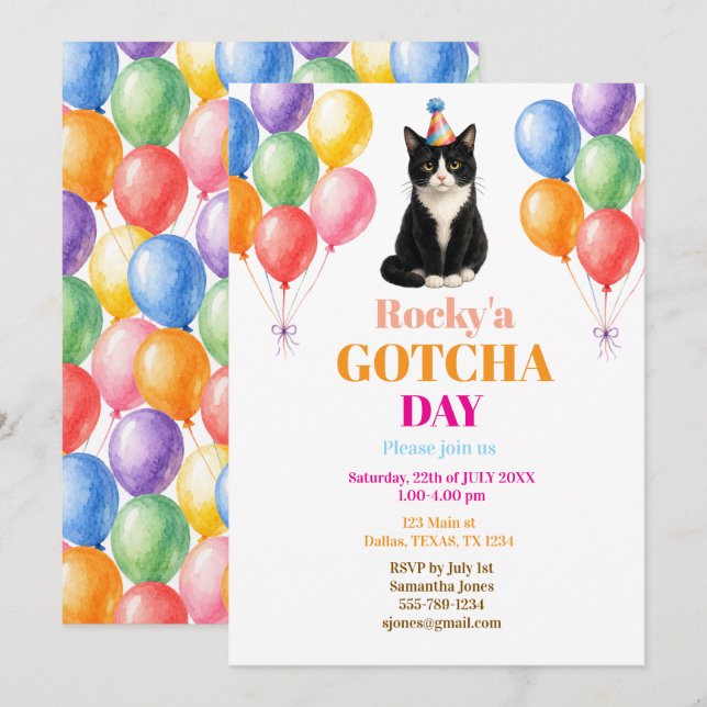 Gotcha day Adoption Party Tuxedo Cat Pet Invitation (Front/Back)