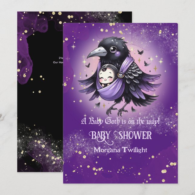 Goth Baby Boy Girl Delivered by Crow Moonlight Invitation (Front/Back)