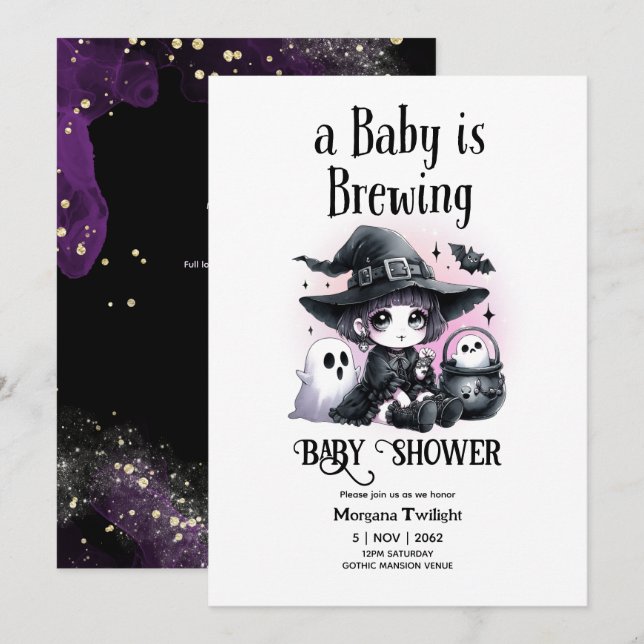 Goth Baby Girl is Brewing Witch Ghost Couldron Invitation (Front/Back)