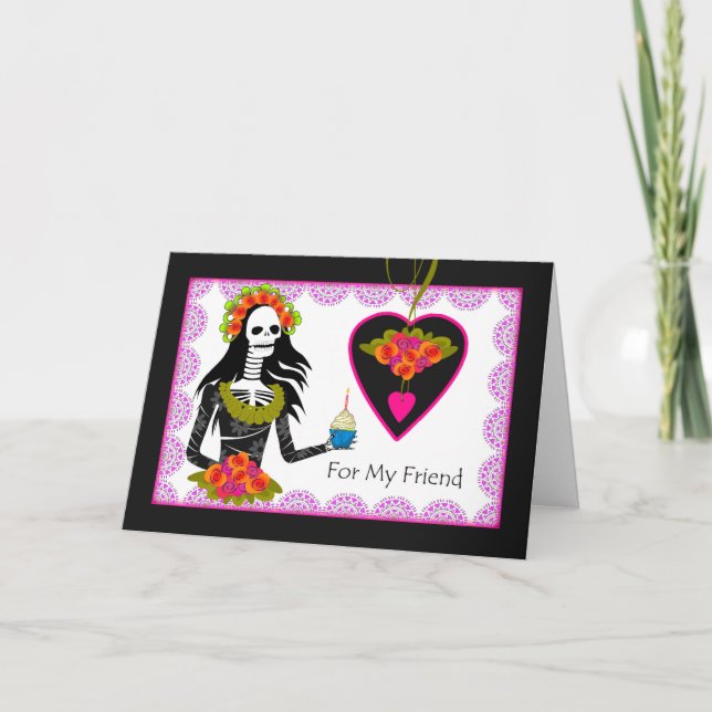 Goth Birthday for Friend, Lady Skeleton, Cupcake Card (Front)