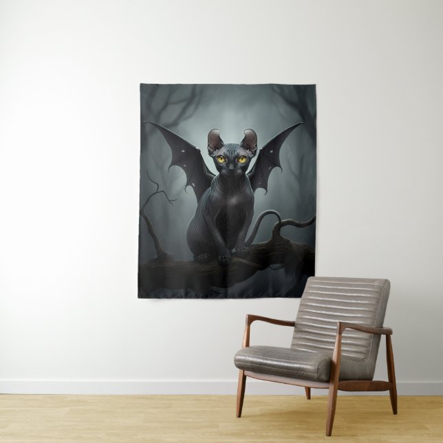 Goth Black Elf Sphynx Cat Art Bat Wings Wall Decor Tapestry (In Situ)