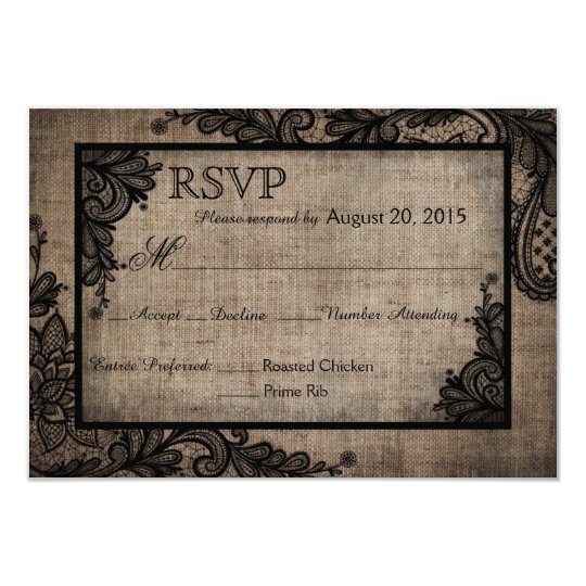 Goth Black Lace Rustic Burlap RSVP Card