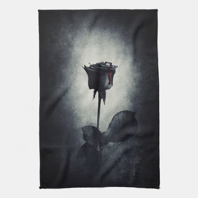Goth Black Rose Dripping Blood Macabre Kitchen Towel (Vertical)