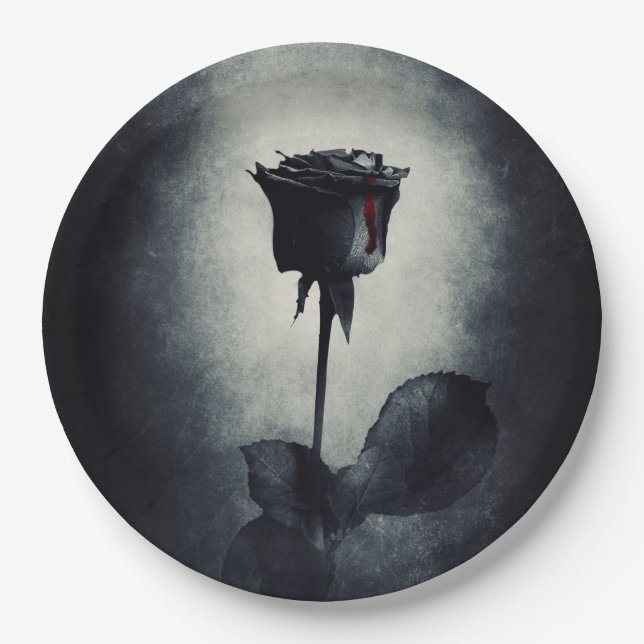 Goth Black Rose Dripping Blood on Black Grunge Paper Plate (Front)